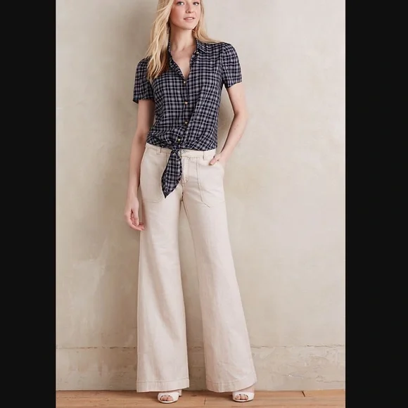 Pilcro Anthropologie Wide Leg Striped Linen Slacks Trousers Pants - Picture 2 of 8